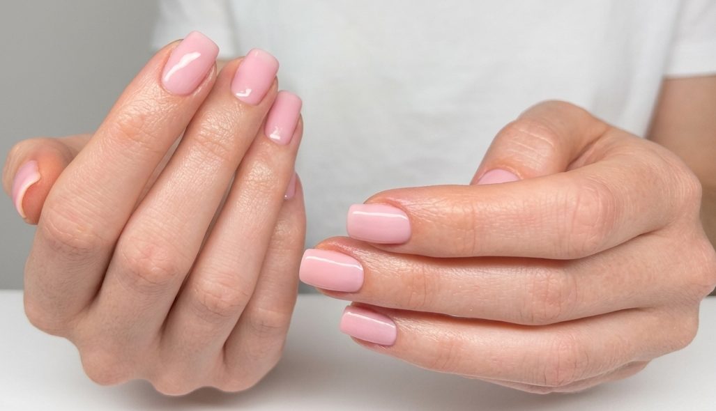 A soft pink gel manicure on short square nails