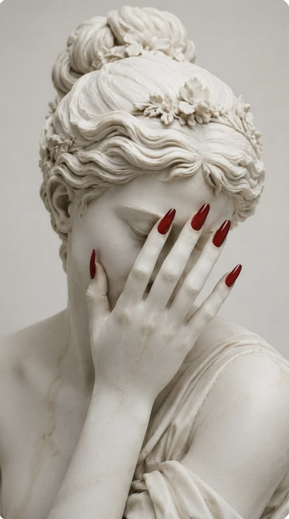 A white marble classical statue covering her face with one hand, her nails painted a deep glossy red